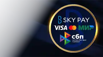 Изображение популярных платежных логотипов, таких как Visa, Mastercard и МИР, а также Sky Pay, подчеркивающее гибкость платежей в Лев онлайн-казино.